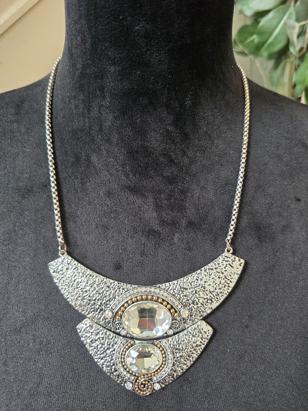 Silver Geometric Crystal Bib Statement Necklace